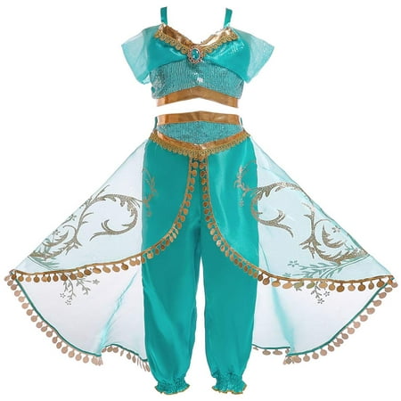 Girls Jasmine Princess Dress Up Costumes Girls T-Shirt Vest Tops Pants Sequin Halloween Cosplay Fancy Dress Outfit 2PCS