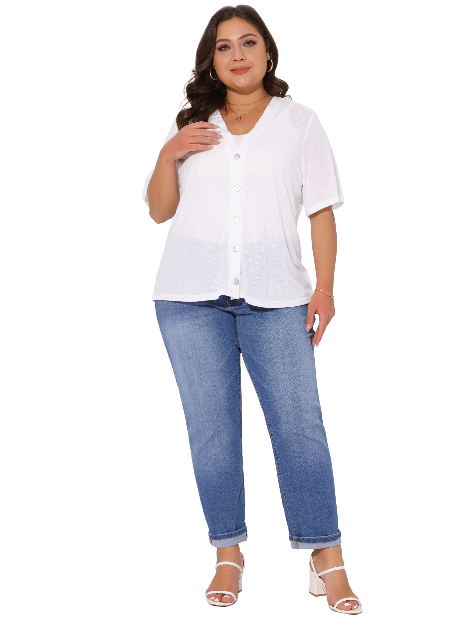 DARING DIVA Women's Plus Button Down Sheer Knitted Sweater 4X White