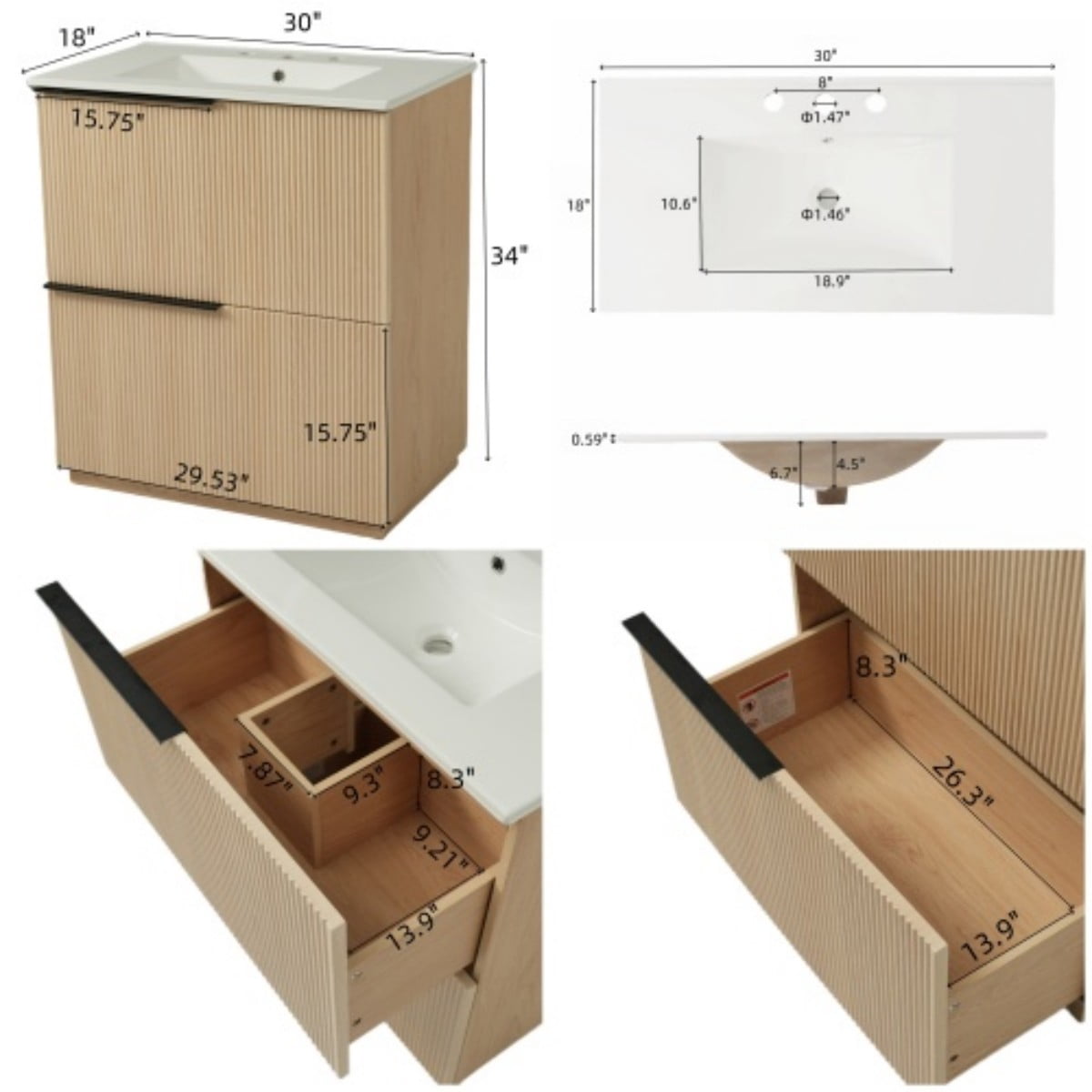 30" Bathroom Vanity with Ceramic Sink, Freestanding Bathroom Cabinet with Full Extension Drawers, Soft Close Slides, Fluted Design, Natural