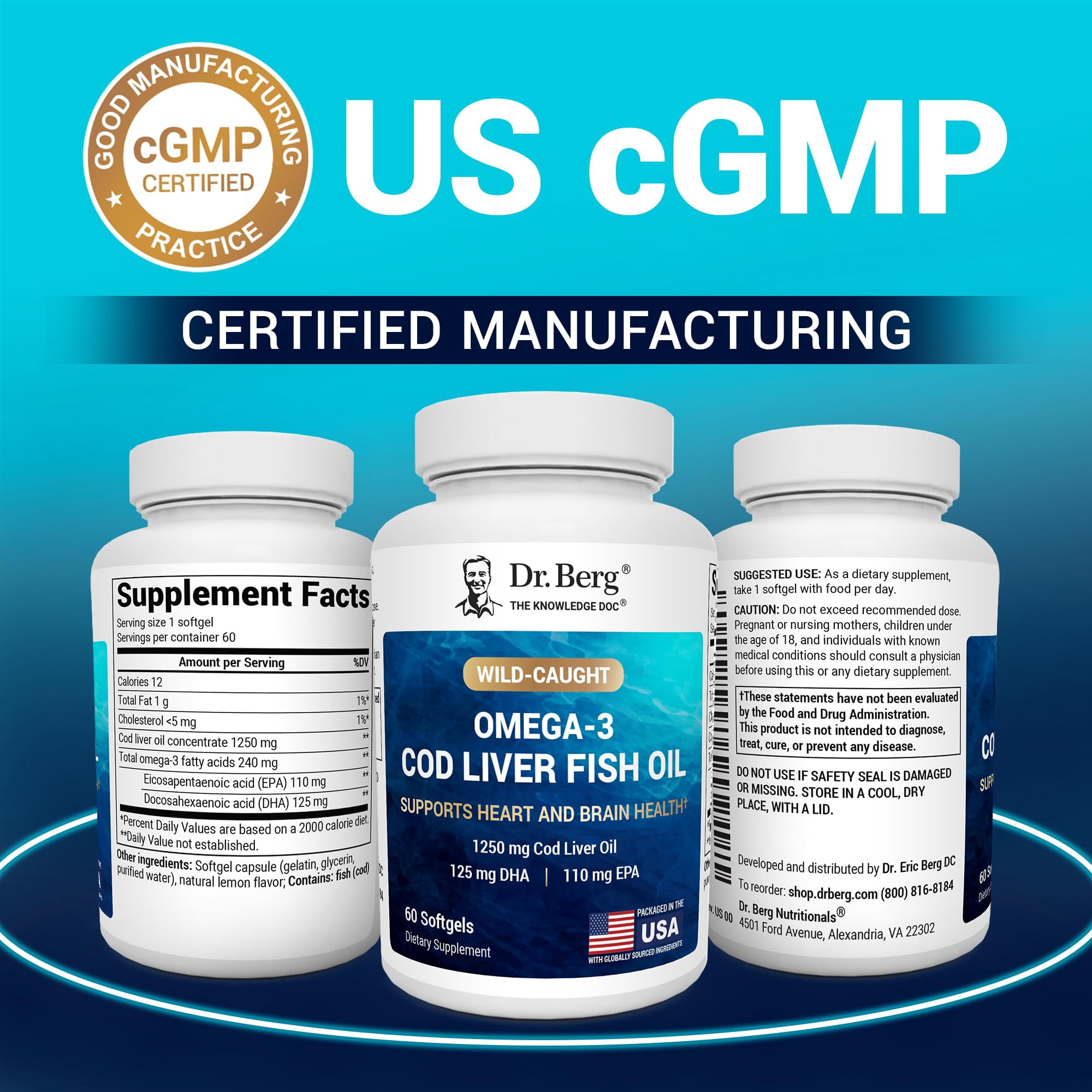 Dr. Berg Omega-3 Cod Liver Oil Softgels – 1250 mg Fish Oil with EPA DHA, Natural Lemon Flavor, 60 Count