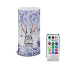 COEQINE Bunny Cherry Blossom Violet Flickering Flameless LED Battery Candles Pillar Candles Tealight with 18-Key Timer Remote with Colorful Light for Indoor Outdoor Easter Home Decoration