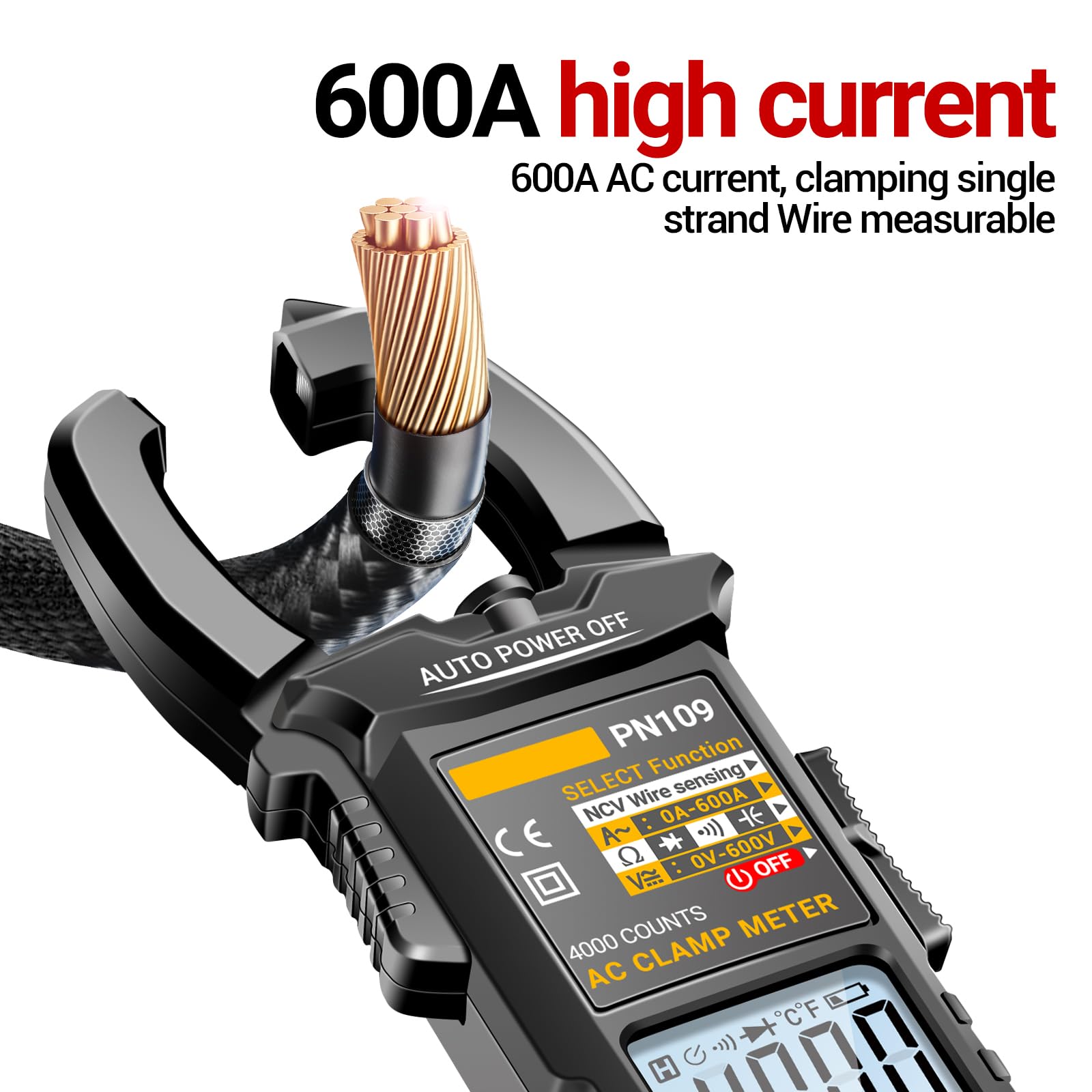 PN109 Multimeter 4000 Counts Digital Display Clamp Meter Tester Battery Operated(NOT Included)