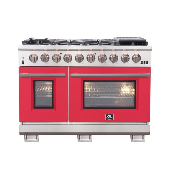 FORNO Capriasca 48-inch Gas Range Stainless Steel, 8 Brass Burners 160,000 BTU, 6.58 cu.ft. Double Oven, Red Doors