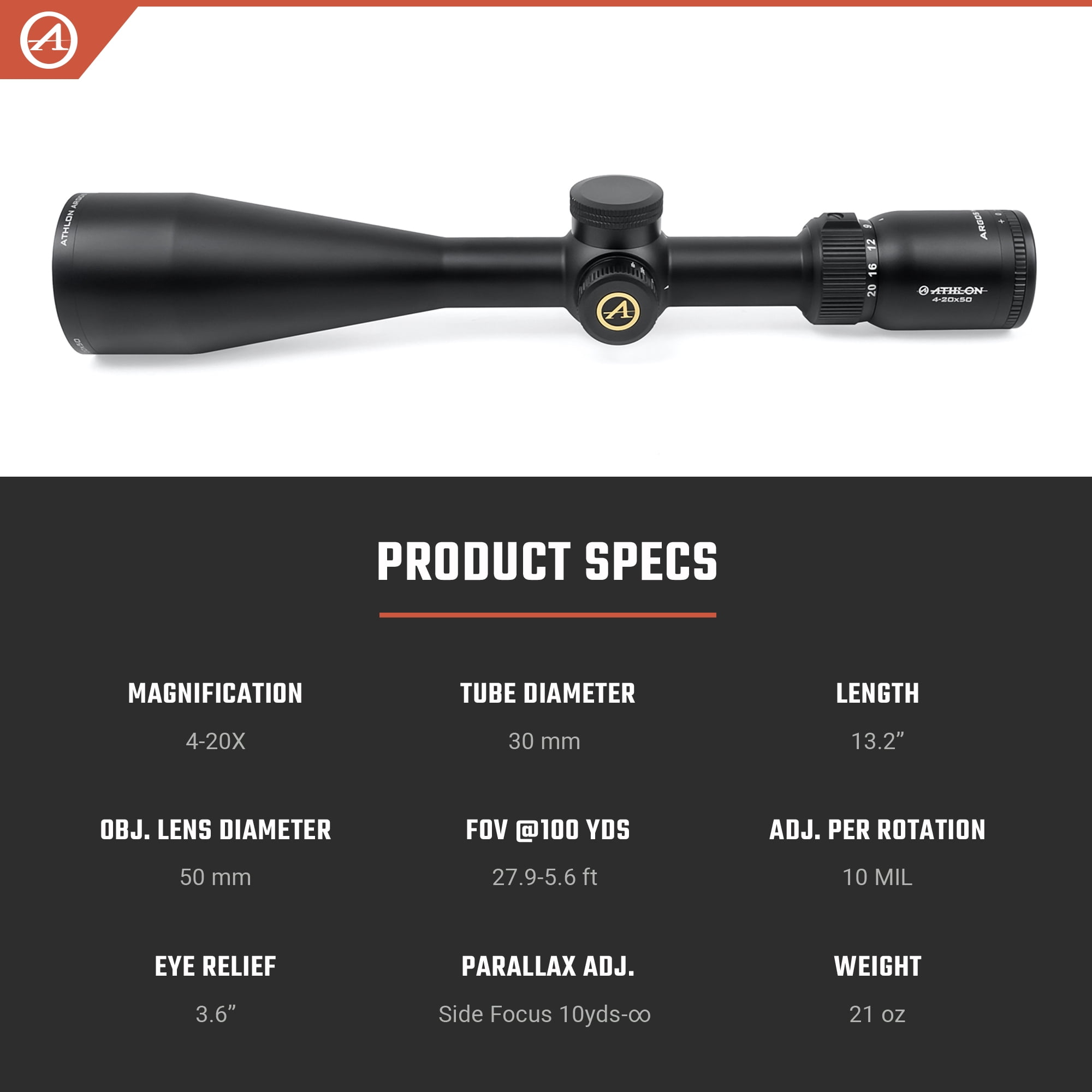 Athlon Optics Argos HMR Rifle Scope 4-20x 50mm Illuminated Mil Dot Reticle Matte Black