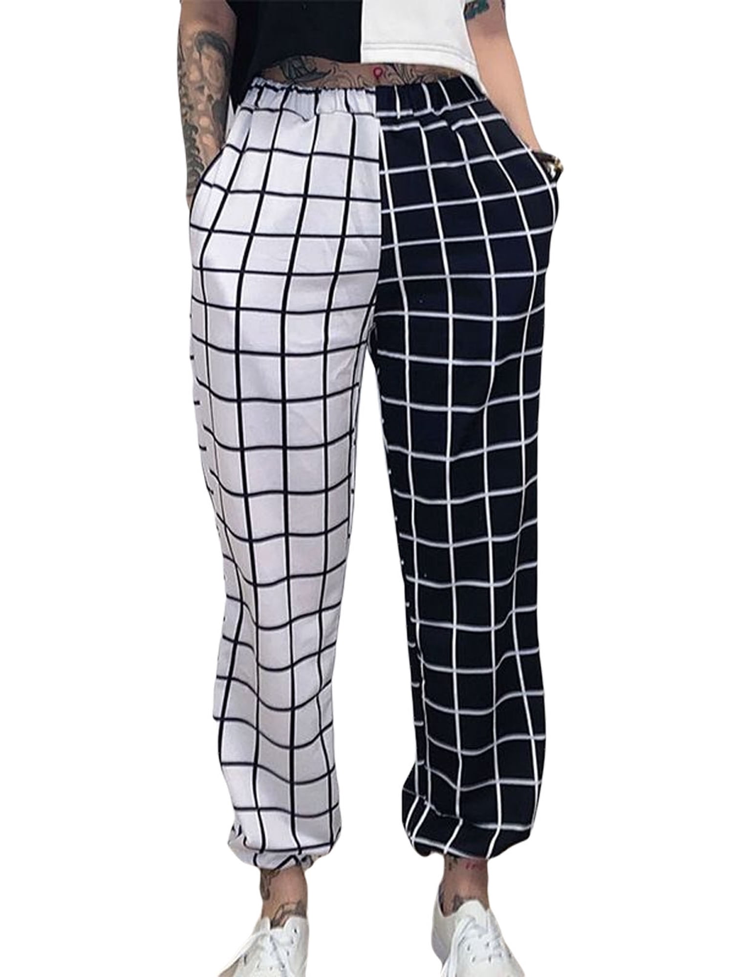 Luiryare Women Patchwork Plaid Pants 