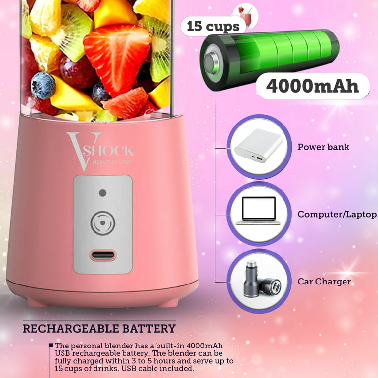 V-Shock. Healthy Life! Mini Cordless Portable Personal Blender for Shakes  and Smoothies, USB Rechargeable, 16 oz. Jar with Leakproof Travel Lid, 6  Stainless Steel Blades - Pink 