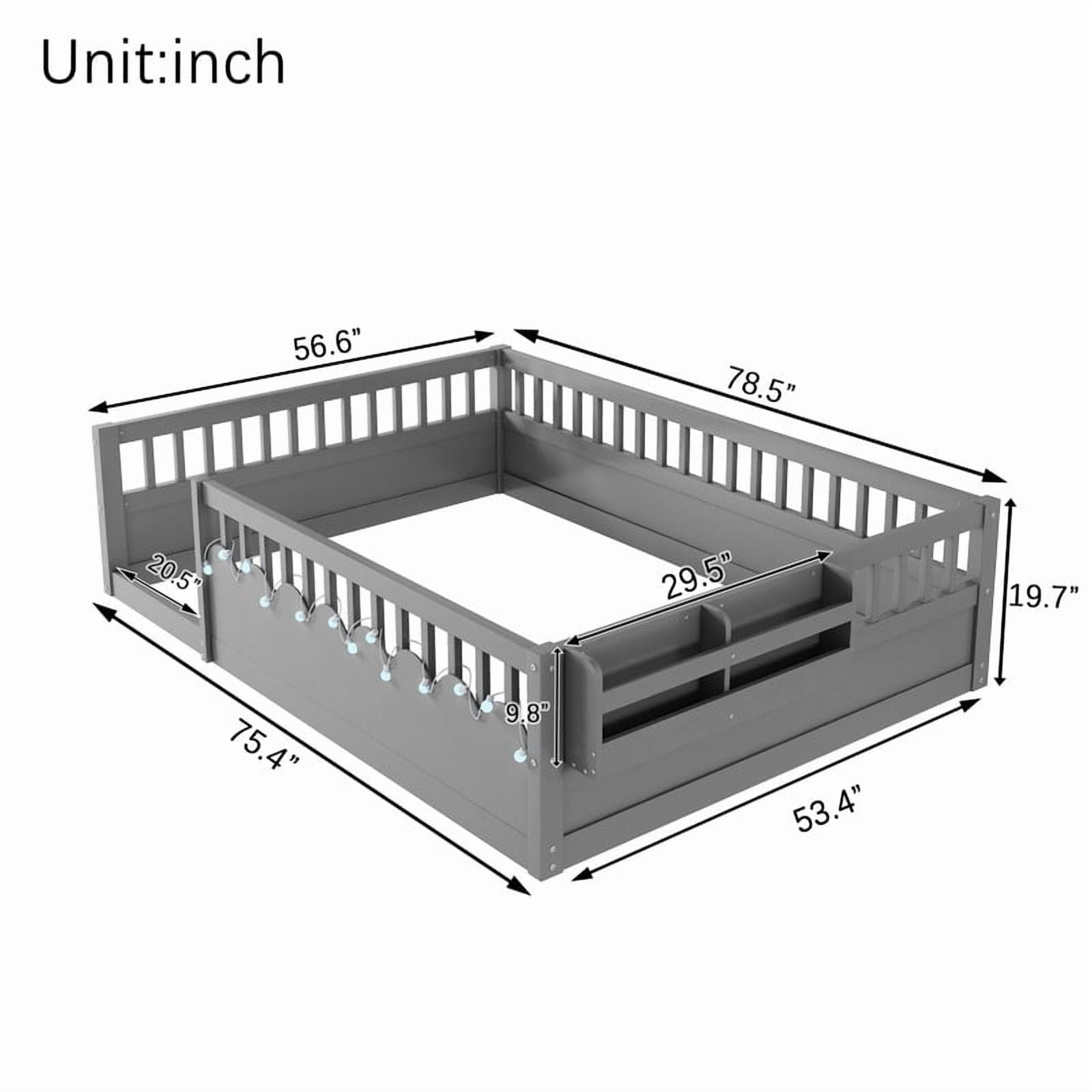 Montessori Floor Bed with High Rails, LED Lights & Storage Shelf, Safe & Wider Opening Gate Design, Full Size Floor Bed for Boys & Girls, Gray