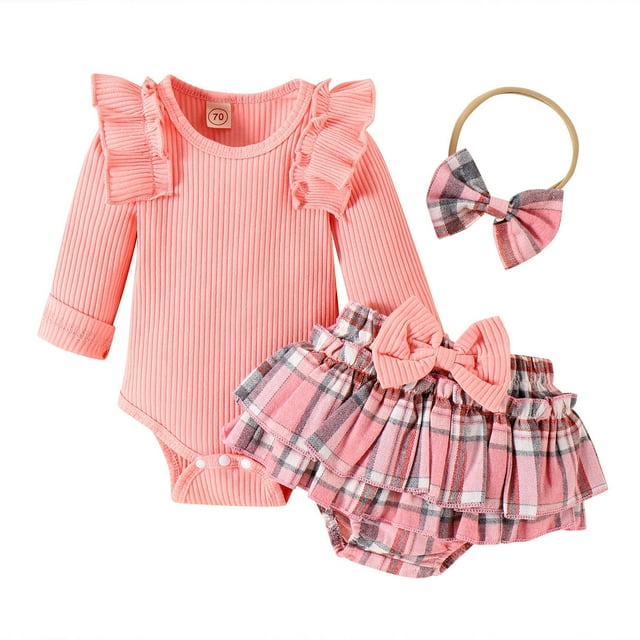 Felwors Infant Girls Long Sleeve Ruffles Romper Bodysuit Plaid Shorts Headbands 3pcs For Children Clothes