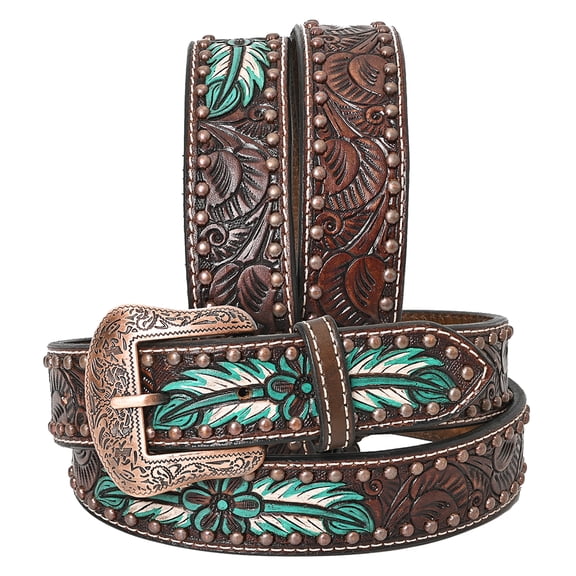 BE BAR H EQUINE Natural Floral Hand Painted Western Fashion Premium Leather Men And Women Belt Brown