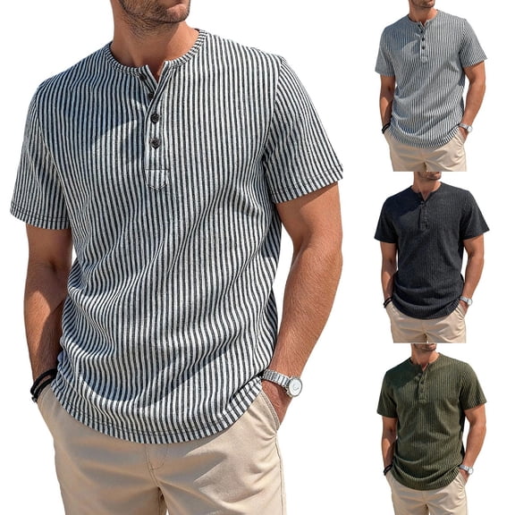 DIOAZUD Striped Henley Shirts for Men Button Short Sleeve T-Shirts Lightweight Comfy Summer Tshirts for Business Casual Green XL