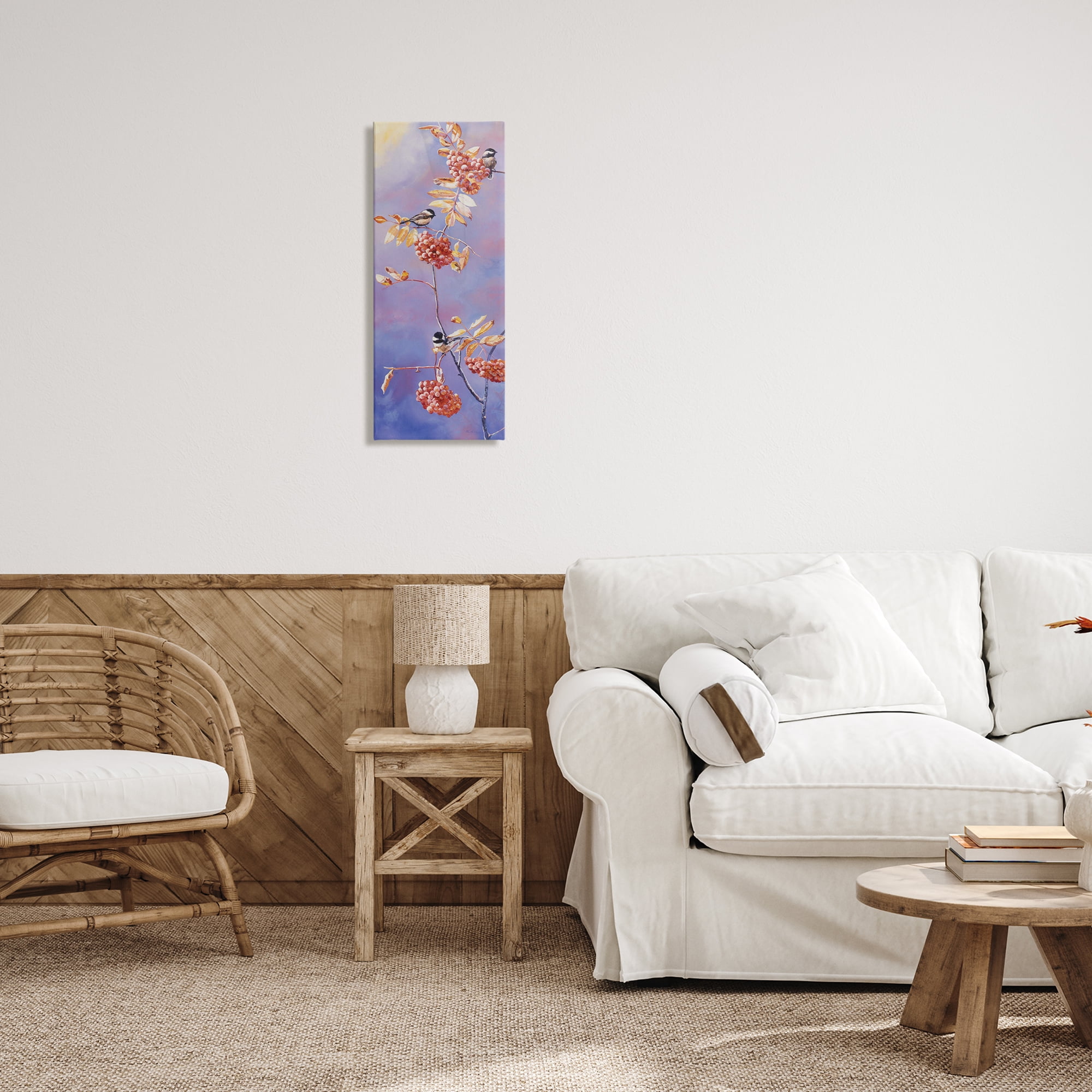 Stupell Industries Chickadees & Mountain Ash Plants & Flowers Painting Wrapped Canvas Art Print Wall Art, 13 x 30