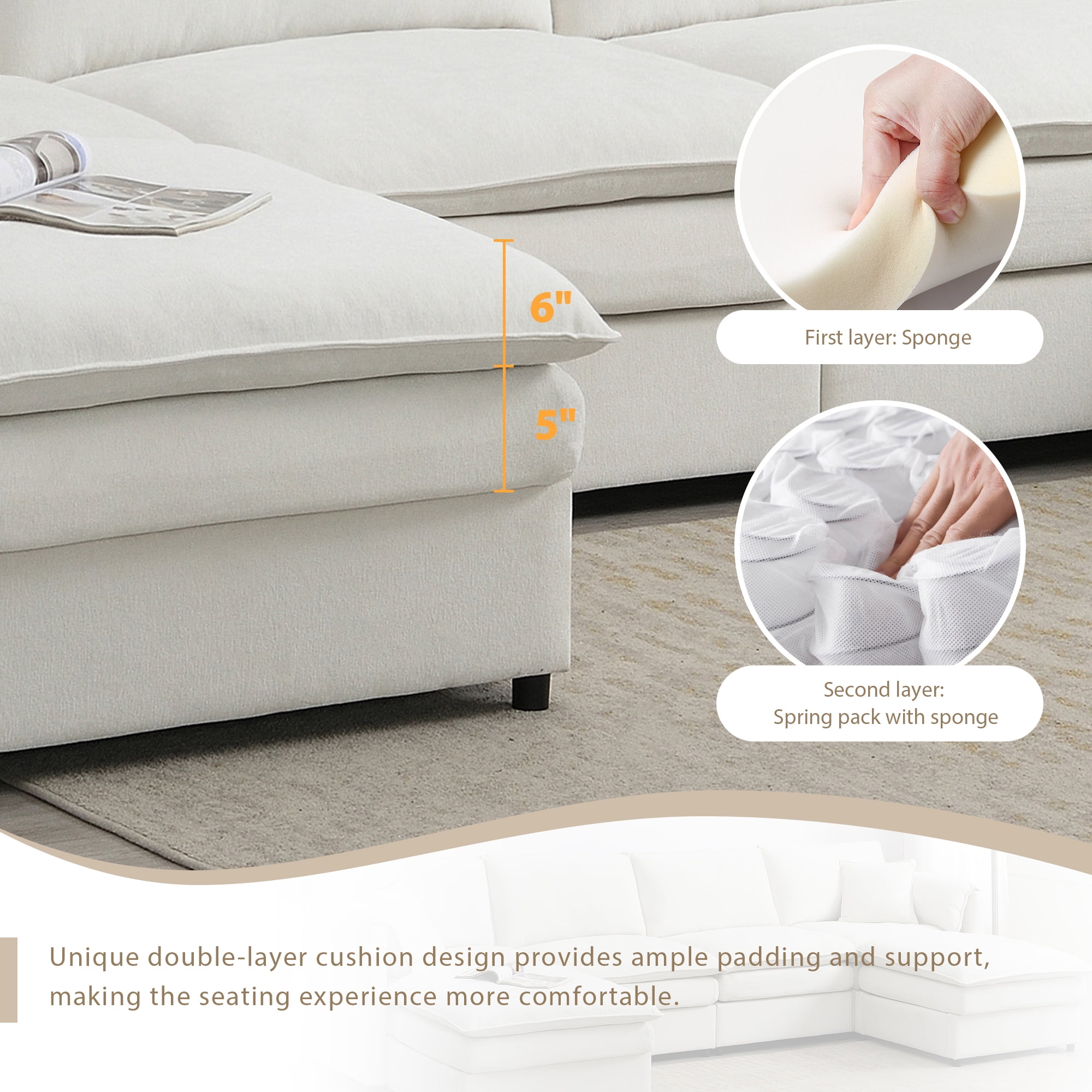 EUROCO 134" Oversized U Shaped Modular Sectional Sofa Couch, 6 Seat Chenille Sleeper Sofa Bed Cloud Couch Set with Double Cushions and Ottomans, Indoor Furniture for Living Room, Cream