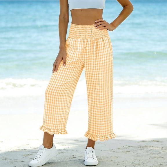 ClodeEU Women's High Waist Cute Plaid Loose Fit Long Pants with Ruff Trim ,Casual Summer Trousers Orange,Womens Plus XL