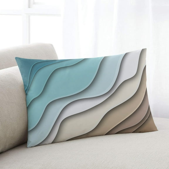 Ombre Teal and Brown Throw Pillow Cover Case, Couch Sofa Bed Pillowcase, Soft Decorative Lumbar Pillow Protector, Abstract Waves Art 12x20Inch Reversible Pillow Shams with Zipper