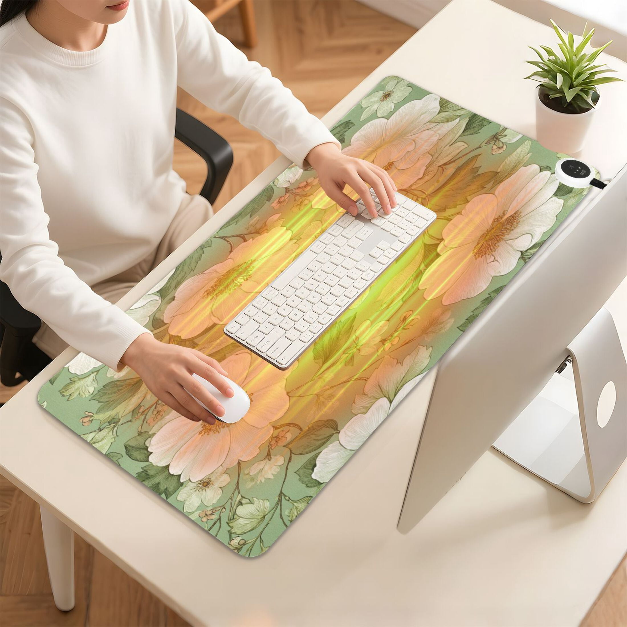 Large Heated Desk Mat Mouse Pad 31.5"x13"PU Leather Graphene Heating Desk Warmer with 3 Temperature Settings 110V US Plug Non-Slip Warm Pad for Home, Office, and Gaming Soft Green Floral Seamless