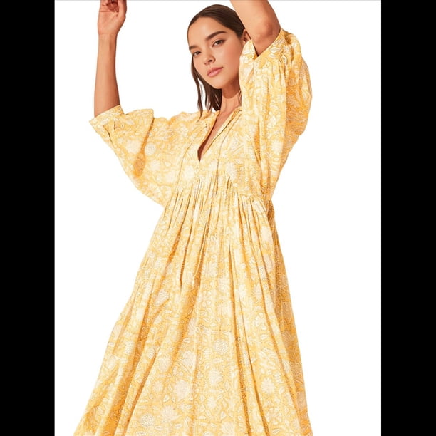 Vestido Midi Holgado Informal de Verano para Mujer, con Escote en V, Cordones, Media , Estampado Geométrico Bohemio Amarillo M