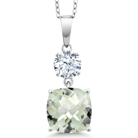 Gem Stone King 4.75 Cttw Green Prasiolite and White Created Sapphire Pendant Necklace for Women | 925 Sterling Silver | Gemstone Birthstone | Cushion Checkerboard 10MM | Round 6MM