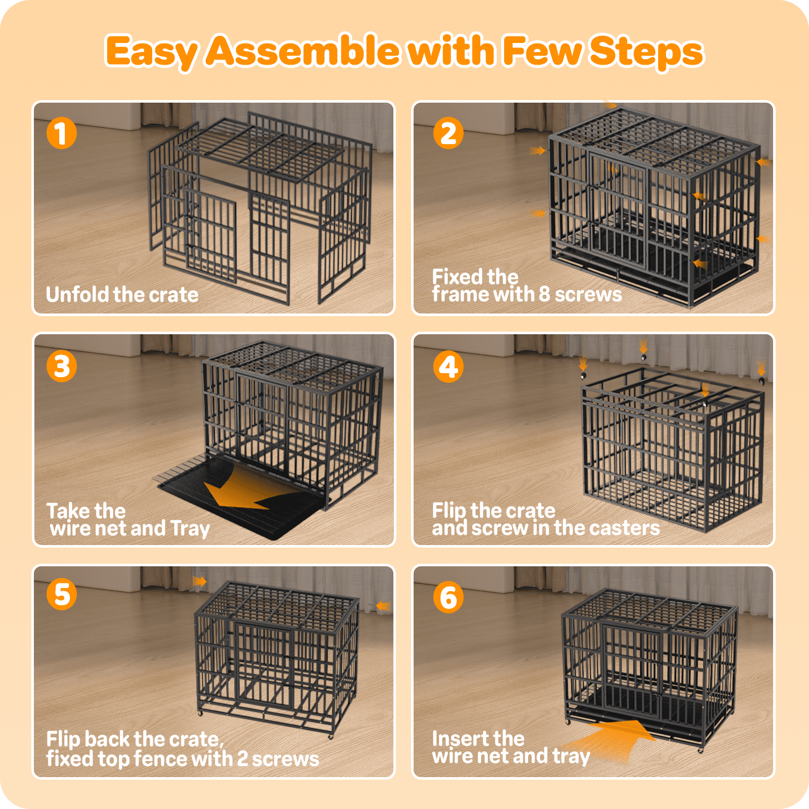 YOKWOK 48 Inch Heavy Duty Dog Crate for Large Dogs, Indestructible Chew Proof Steel Escape Proof Dog Cage for High Anxiety, XL Metal Dog Kennel with Locking Wheels and Removable Tray