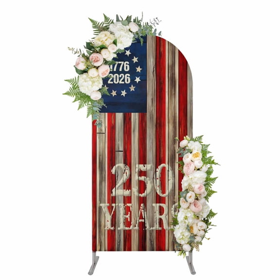 250 Year American Anniversary Flag Arch Backdrop Cover 7.2FT, Vintage Blue Red Wooden Spandex Fitted Stretchy Arch Stand Covers, Round Top Chiara Backdrop Cover for Wedding Party Birthday Baby Shower