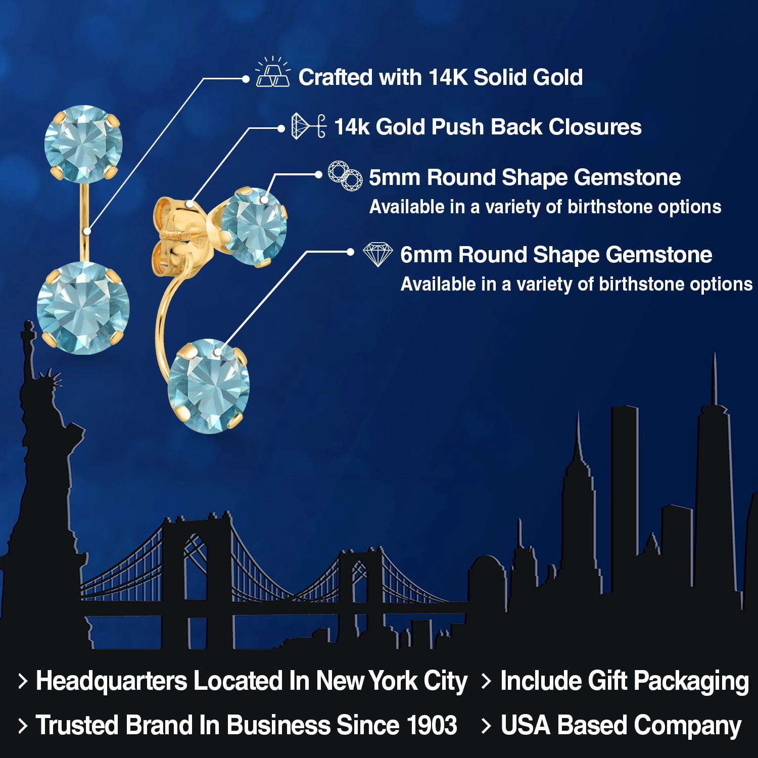 Gem Stone King 14K Yellow Gold Blue Zircon Stud Earrings for Women | 4.10 Cttw | Gemstone Birthstone | Round 6MM