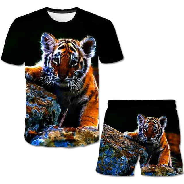 Conjuntos de ropa casual de dibujos animados de tigre Niñas Niños Tops de manga corta amp; Pantalones cortos Dos piezas / Trajes Disfraces de cuello redondo de verano Outfits5T Gao Jinjia LED