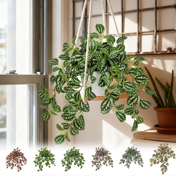 KOYPTL Artificial Plants with Pot Indoor Fake Potted Silk Plants Faux Watermelon Peperomia Draping Plant for Home Office Bathroom Shelf Cabinet Tabletop Decoration All Season Decorations