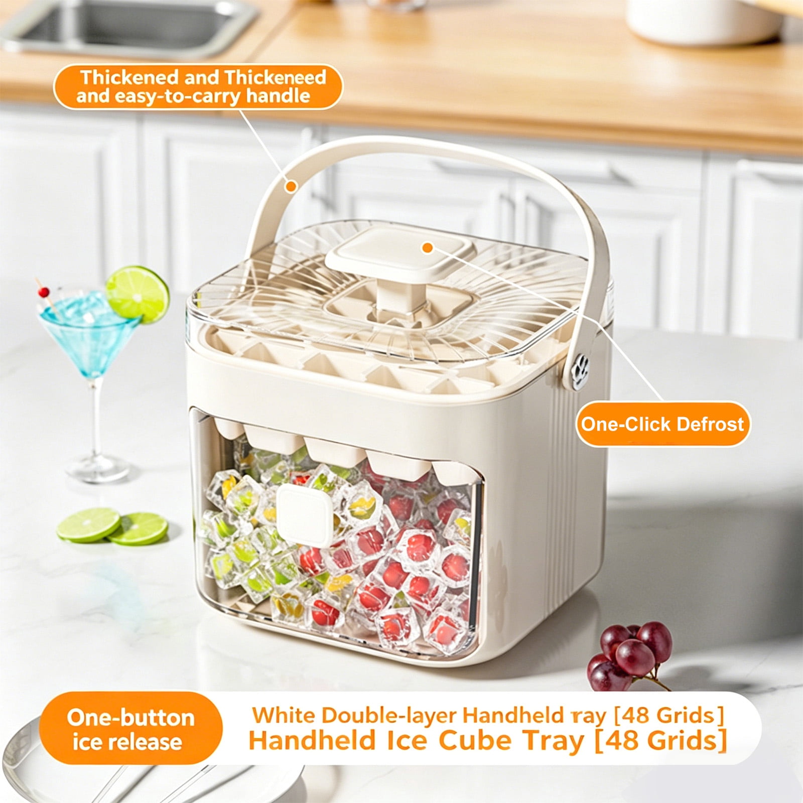 Ice Cube Tray with Lid and Bin, Ice Trays for Freezer, Flexible Ice Cube Trays,2 Pack for Freezer,48 Double Portable Ice Maker with Ice Scoop for Personal Use in Whiskey, Cocktail, Coffee and DIY