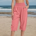 thumbnail image 3 of Cotton Linen Capri Pants for Women Lightweight Elastic Waist Loose Fit Wide Leg Cropped Pants with Pockets Womens Capris, 3 of 5