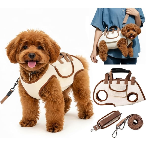 2-in-1 Pet Lift Harness & Crossbody Sling Carrier, Adjustable Shoulder Strap Pet Purse with Side Storage Pocket, Breathable Travel Bag for Small Dogs Cats Hiking Cycling Daily Walk