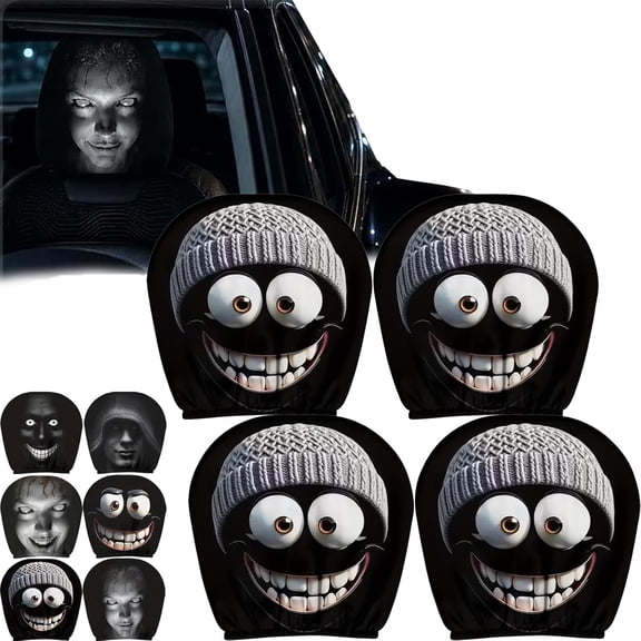 Ghost Headrest Covers for Cars, 4 Pcs Scary & Funny Cartoon Car Headrest Covers, Spooky Creepy Halloween Auto Head Rest Protector with Ghost Face Mask Design, for Vehicle Truck SUV๏ผSet g