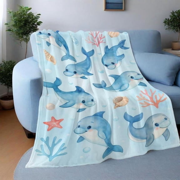 [Angel's Bazaar] [60x50inch] Soft Funny Throw Blanket Dolphin for Kids & Adults Cute Marine Life Design Cozy Flannel Home Decor Couch Office Christmas Gift for Ocean Lovers