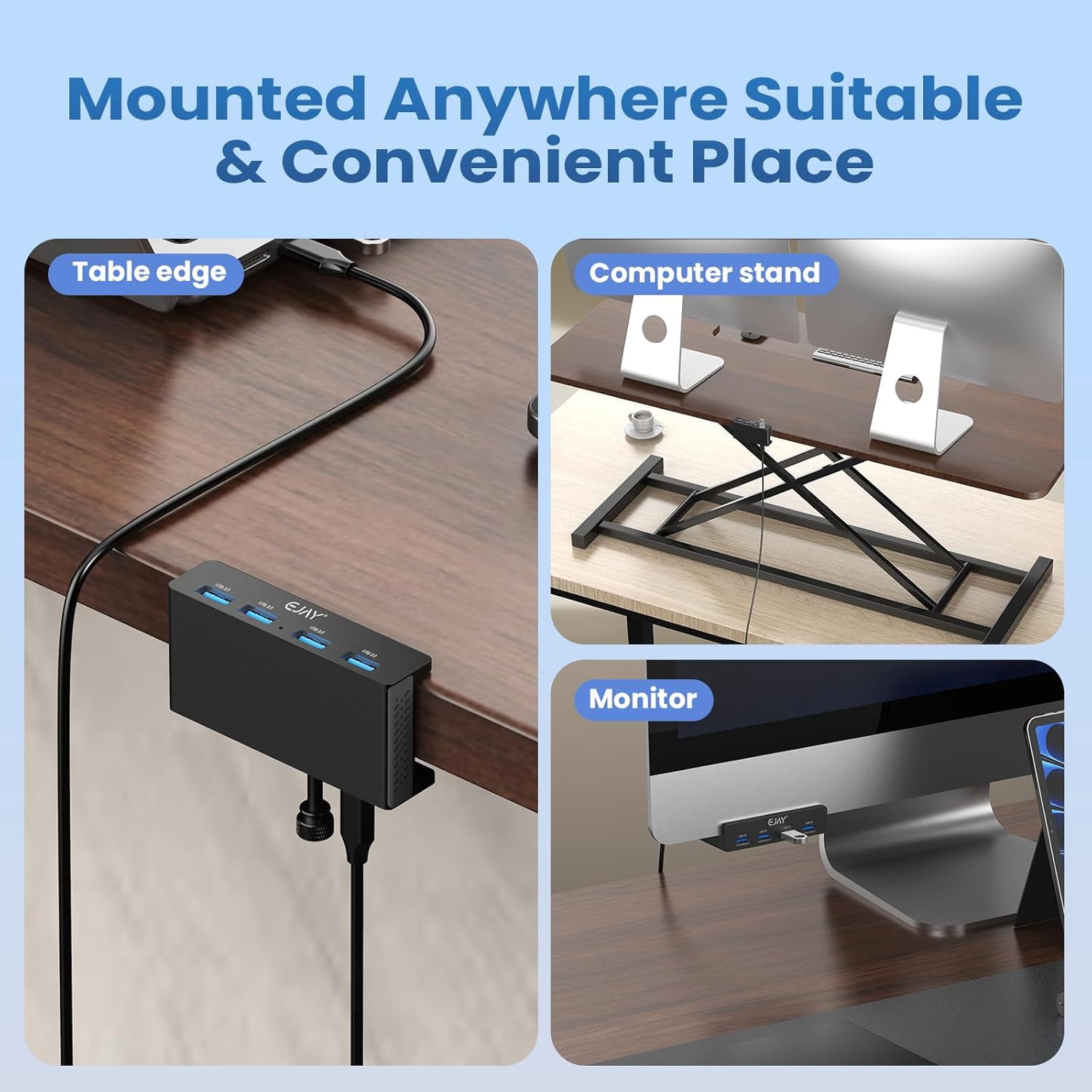 HRTGFD-4Ports USB3.0 Splitter Alu Clamp Desktop USB HUB for Desk/Monitors Clipping with Extra Power Supply Port and 2 Long Cables(59inches Data & 39inches Power Cables)
