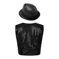 thumbnail image 2 of YONGHS Kids Boys Girls Sequin Vest Top Waistcoat and Hat Set Jazz Hip Hop Dance Performance Costume Black 3-4, 2 of 7