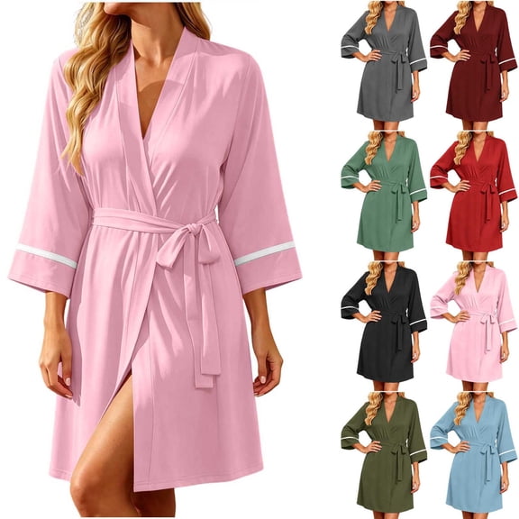 AnuYalue Bathrobe for Women Trendy V Neck Soft Nightgown 3/4 Sleeve Sleepwear Quick Dry Robes Home Wear