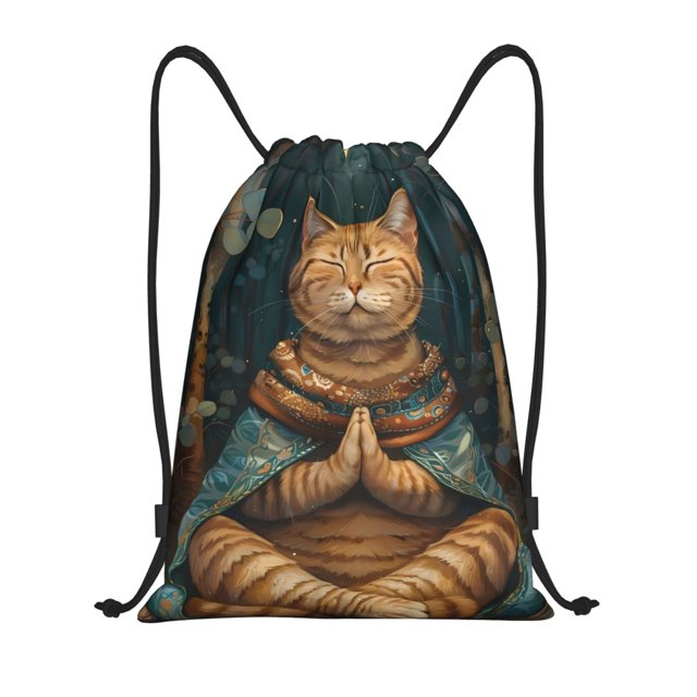 Kdxio Surreal Meditating Cat Pattern Drawstring Bag for Gym Sports School Travel Lightweight Sackpack with Adjustable Cords Waterproof Fabric-Medium