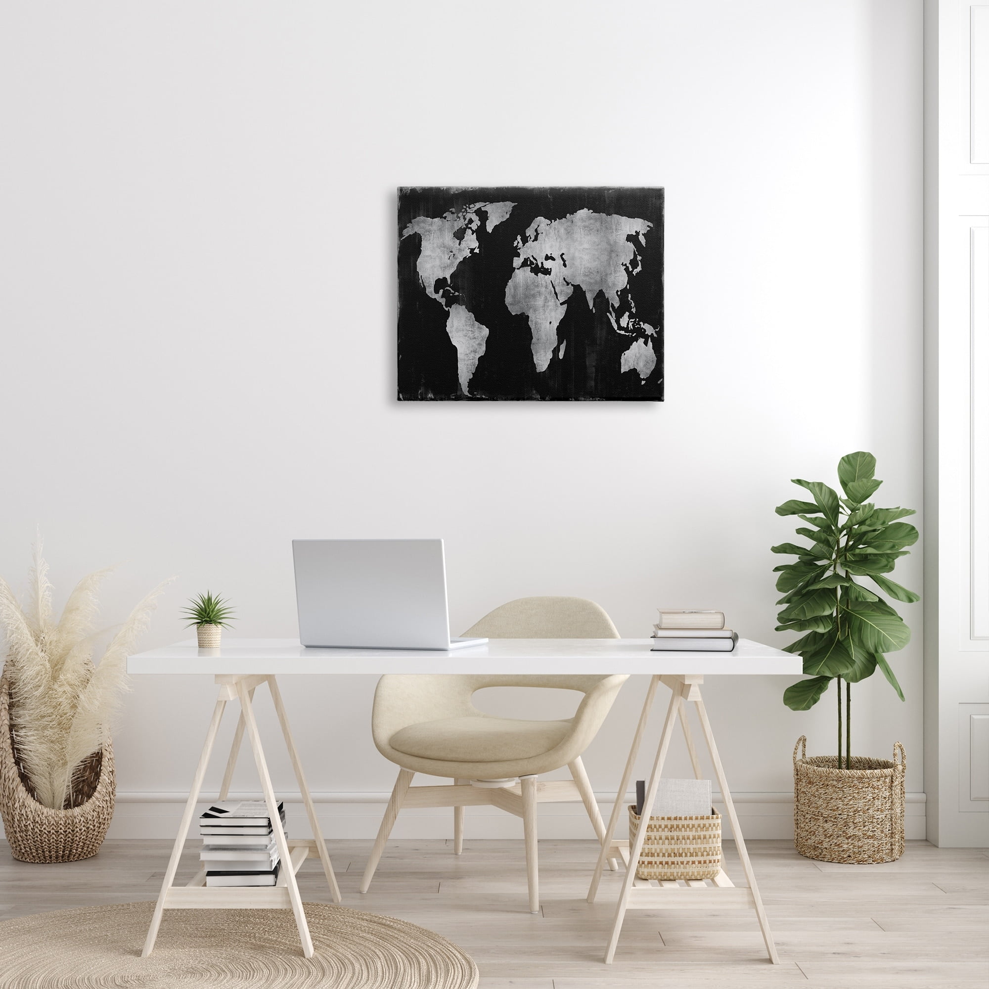 Stupell Weathered Black World Map Travel & Places Painting Gallery Wrapped Canvas Print Wall Art