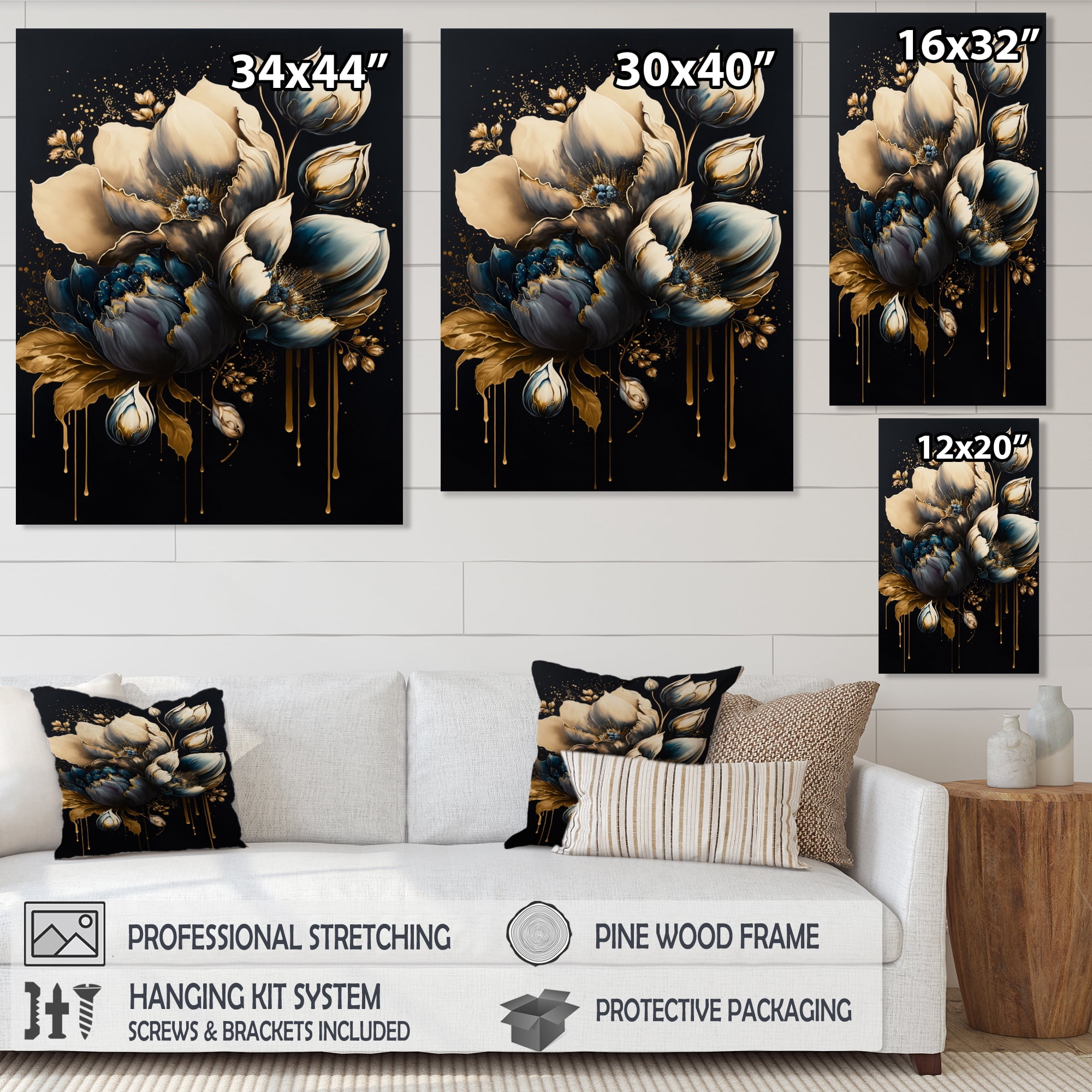 Designart Blue And Gold Tulips III Canvas Wall Art