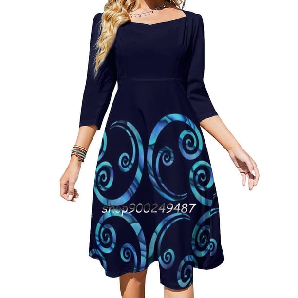 Vestido de escote cuadrado de línea Paua Koru, nuevo vestido elegante de talla grande para mujer, vestido ajustado a la cintura Paua Kiwi Kiwiana Purple Blue Fern Koru Maori
