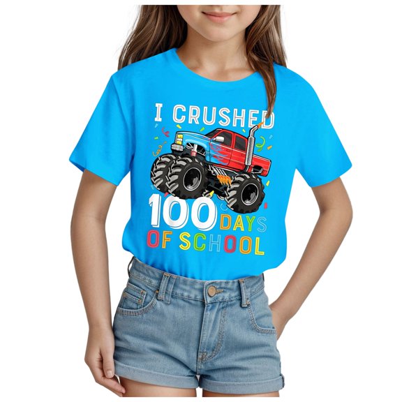100 Days Of School Shirt Girls Size 6/7 Boy Kid Color Block 100 Dyas Of Shool Print Graphic Tees Relaxed Fit Celebration Top 100% Cotton