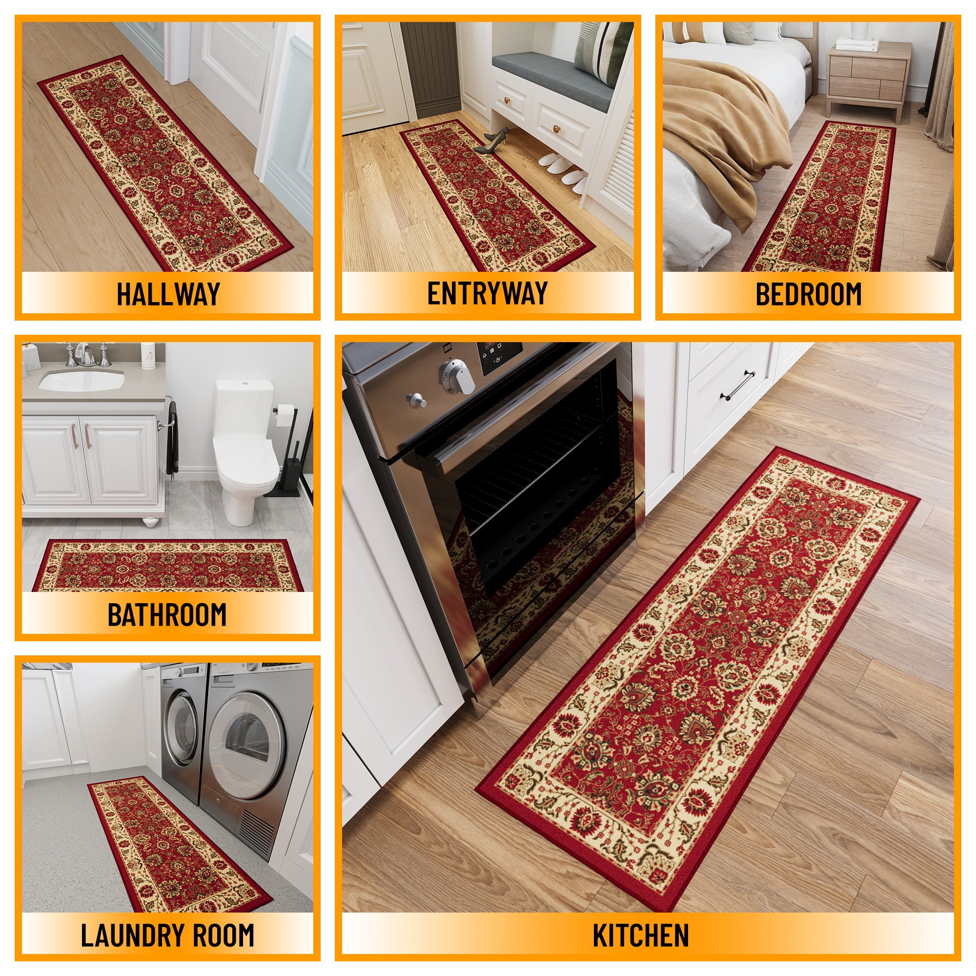 Ottomanson Floral Bathroom Runner Rug 20" x 53" - Non Slip Low Pile Carpet, Red