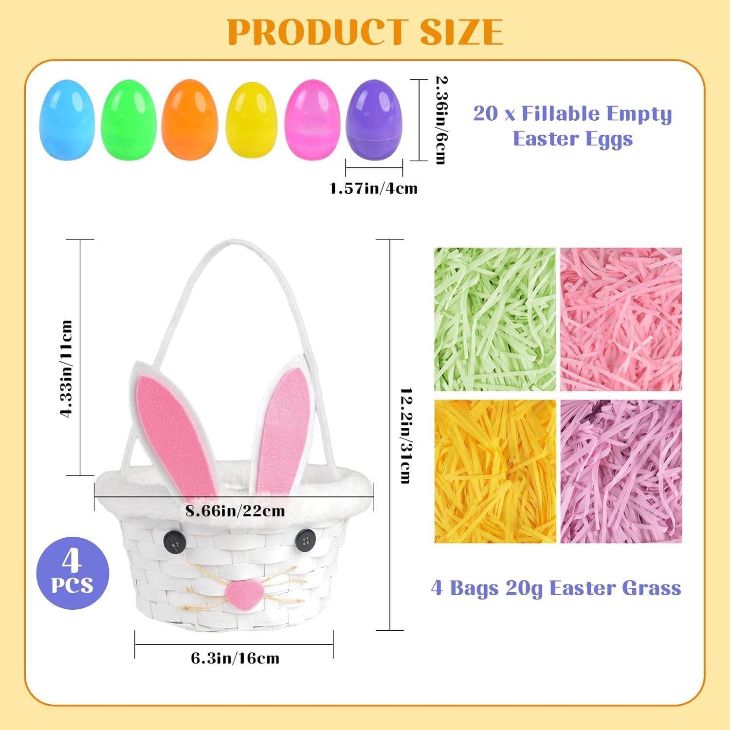 4 Sets Easter Bunny Ear Woven Baskets Set, Easter Eggs Hunting Bucket Wicker with 4 Colors Grass Paper Filler & 20PCS Empty Eggs, Large Candy Wicker Storage Basket with Handle for Party Favor Picnic