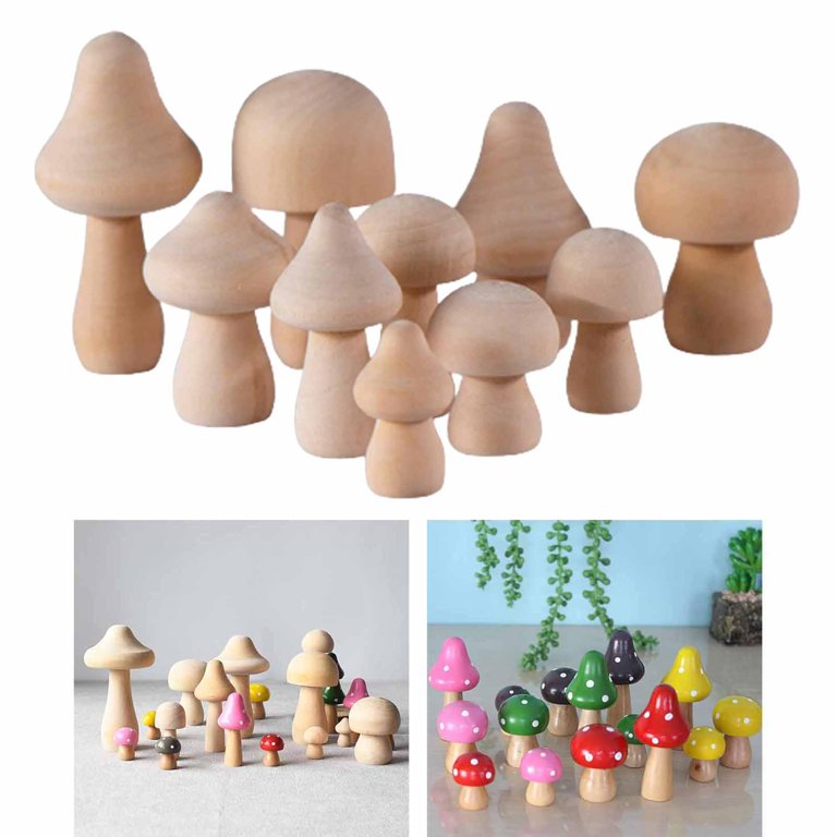 14 Pieces Mini Wooden Mushrooms for Home Decor, Unfinished Wood Peg Dolls for Crafts, 7 Sizes - Beige