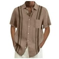 thumbnail image 2 of Huresd Men's Wrinkle Free Untucked Cuban Shirt Business Casual Button Down Shirts Short Sleeve Striped Print Shirt Khaki L, 2 of 5