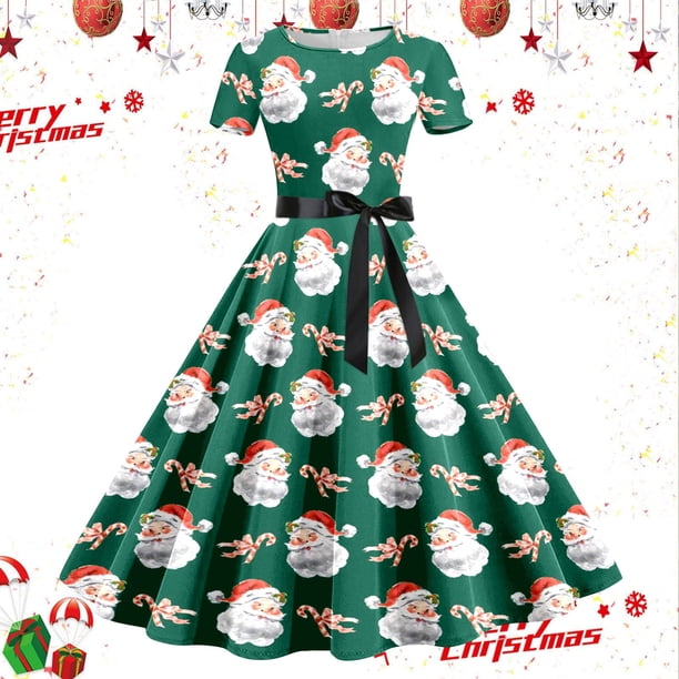 Vestidos Casuales Para Mujer, Vestido de Fiesta de Noche de Manga Corta Con Estampado Navideño de Los Años 50