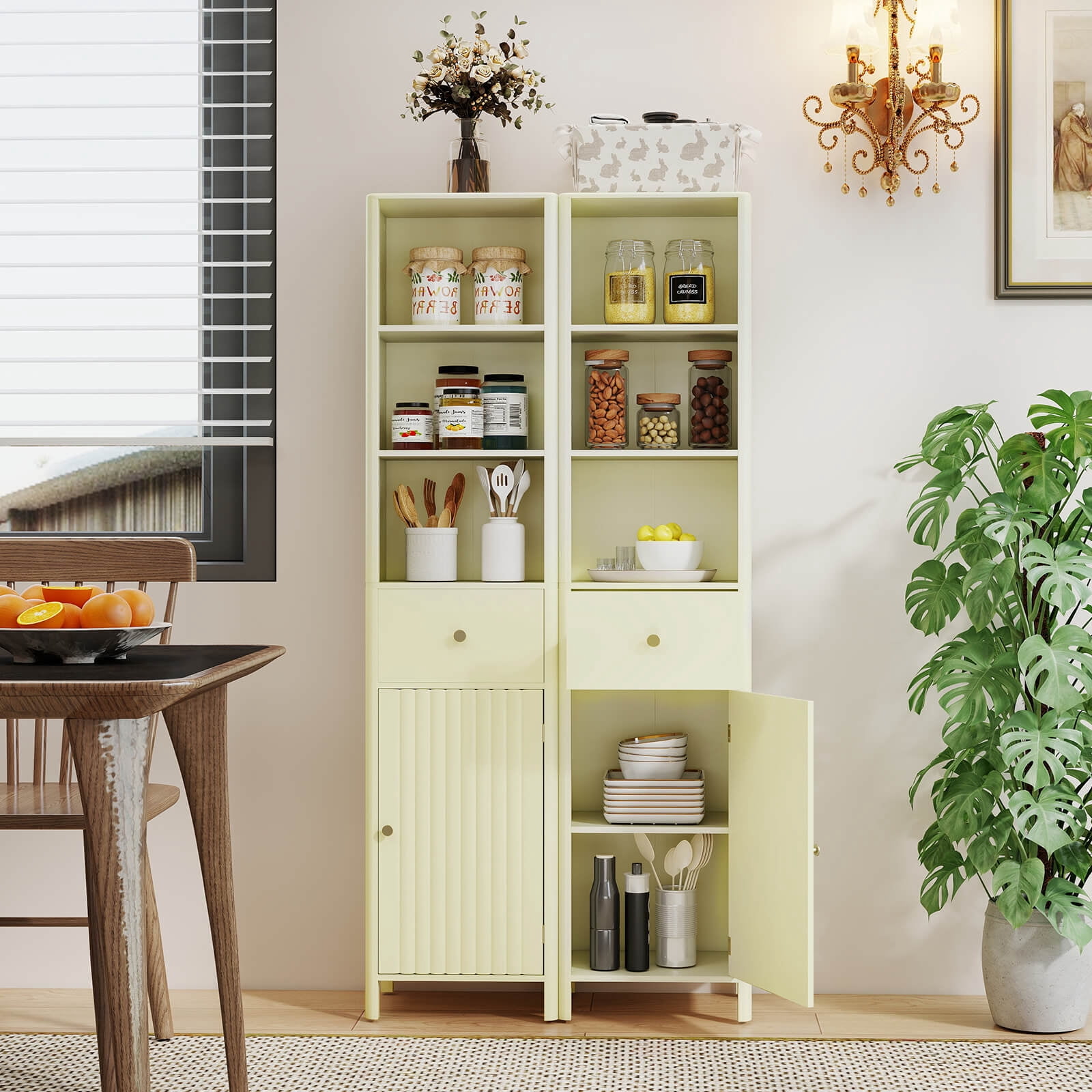 Costway 67” Tall Bathroom Cabinet with 3 Open Shelves, 1 Drawer, Adjustable Interior Shelf Off-white