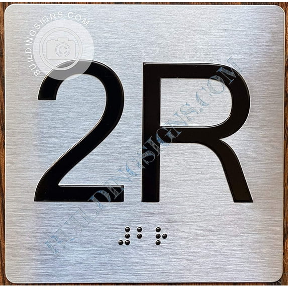 Apartment Number 2R Sign with Braille and Raised Number (Aluminum, 4x4, Double Sided Tape, Silver)-The Sensation line (ref-2201)