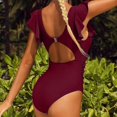 thumbnail image 2 of Gibobby Bañador de una pieza 2023 Traje de baño para mujer Triángulo Traje de baño Manga con volante Delgado Sólido Cuello colgante Sexy(Rojo,G), 2 of 4