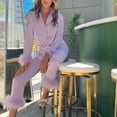 thumbnail image 4 of Munlar Robes For Women,Christmas Loungewear For Family,Women Sexy Casual Turn Down Neck Solid Feather Full Sleeve Button Pants Suit Homewear Pajamas, 4 of 6