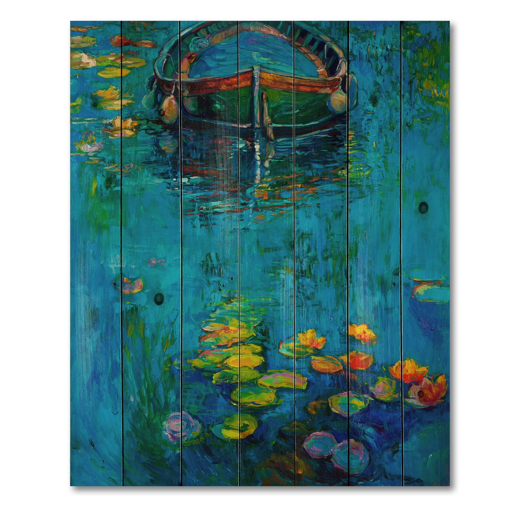 Designart 'Boat In Blue Lake' Nautical & Coastal Print on Natural Pine Wood