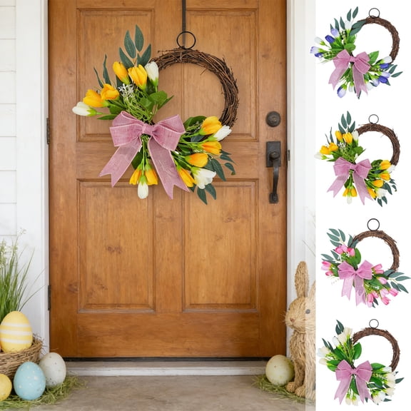 Tulips Wreath Spring Decoration, Imitation Flower Rattan Door Hanger with Built-in Hook for Wall Hanging and Indoor Outdoor Home Decor, Topliu